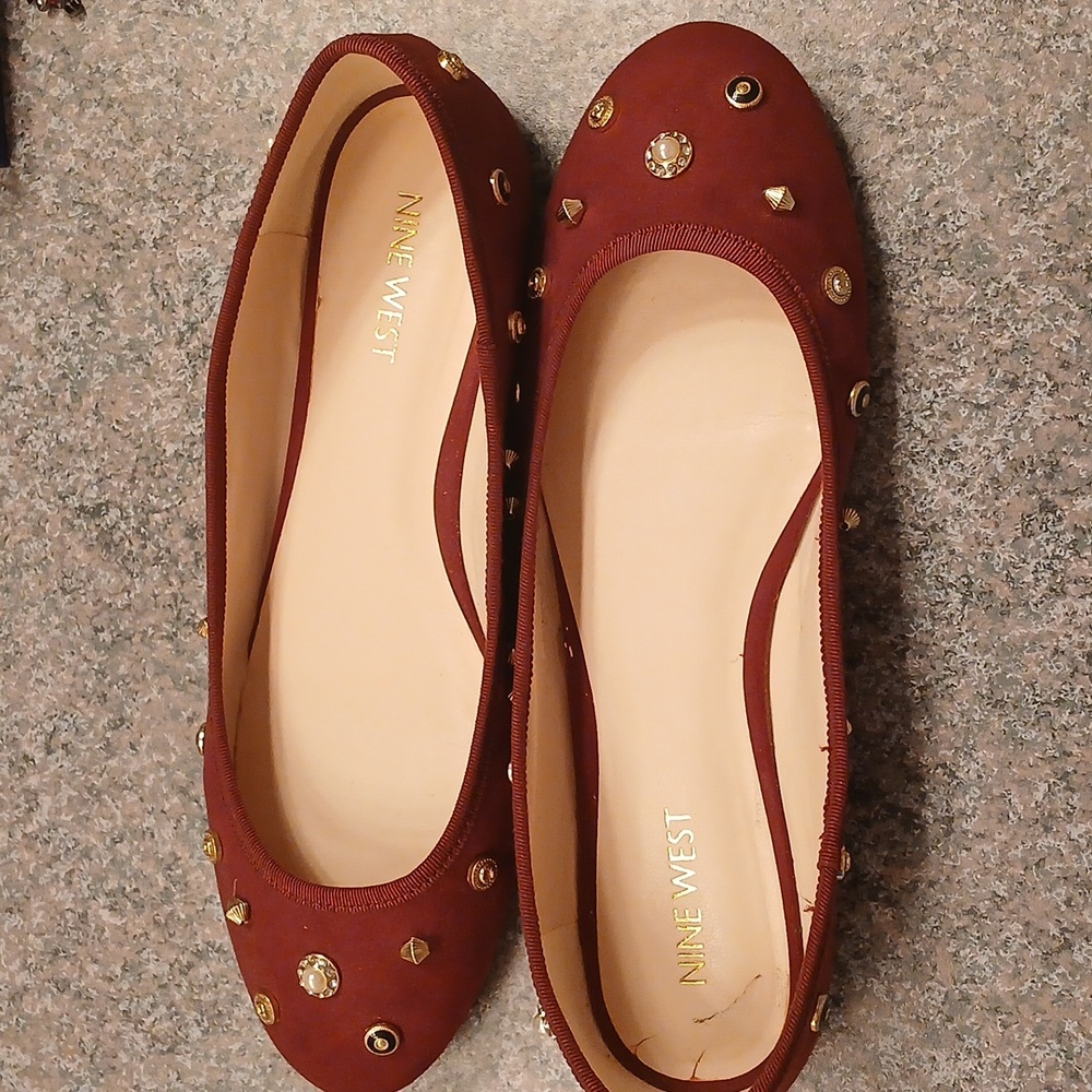 Nine West Women's Holiday Red Flats with Gold Studs